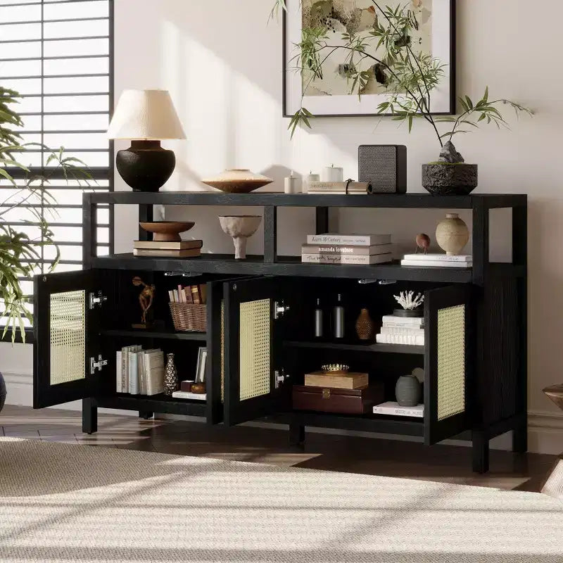 Bahut de style bohème, buffet avec 4 portes et 1 étagère ouverte, meuble de rangement pour salon, salle à manger, cuisine