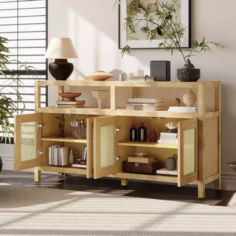 Bahut de style bohème, buffet avec 4 portes et 1 étagère ouverte, meuble de rangement pour salon, salle à manger, cuisine