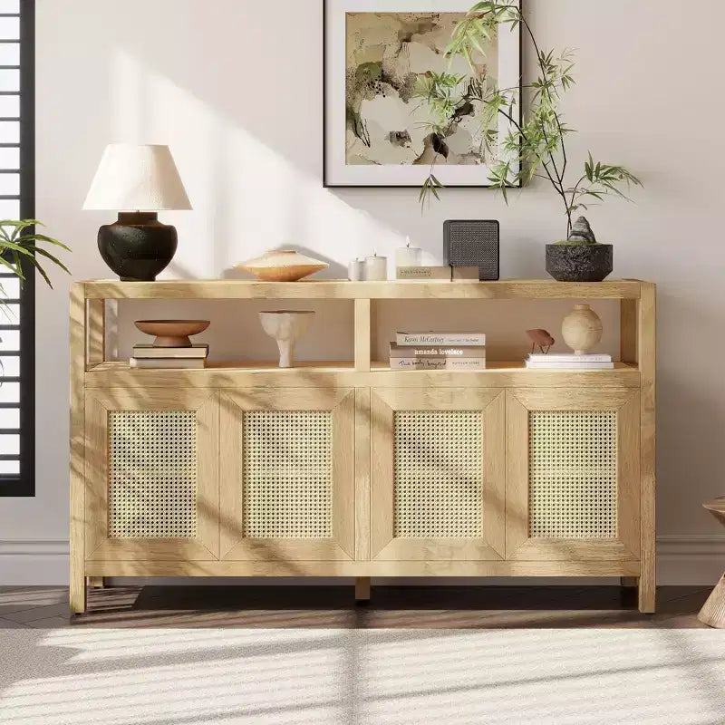 Bahut de style bohème, buffet avec 4 portes et 1 étagère ouverte, meuble de rangement pour salon, salle à manger, cuisine