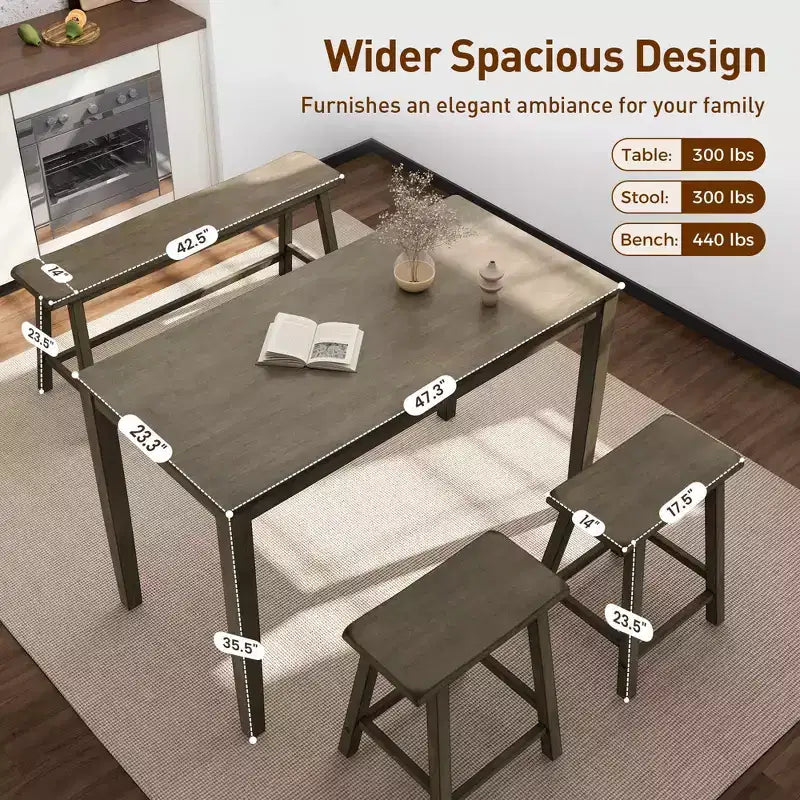 Table à manger en bois avec table à manger rectangulaire, tabourets et banc