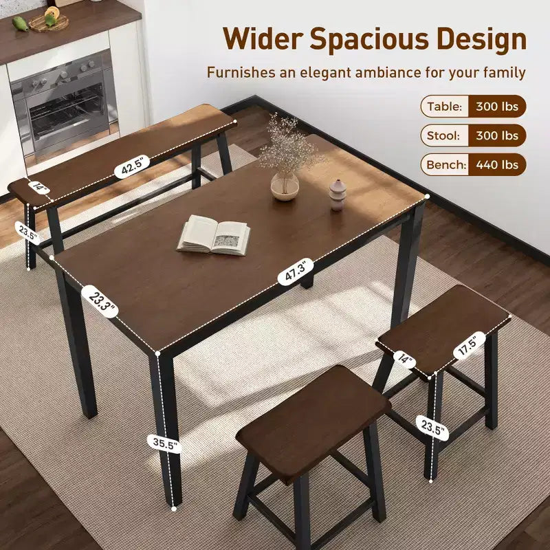 Table à manger en bois avec table à manger rectangulaire, tabourets et banc