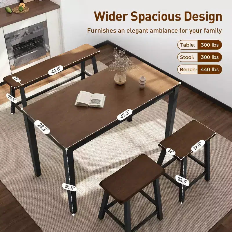 Table à manger en bois avec table à manger rectangulaire, tabourets et banc