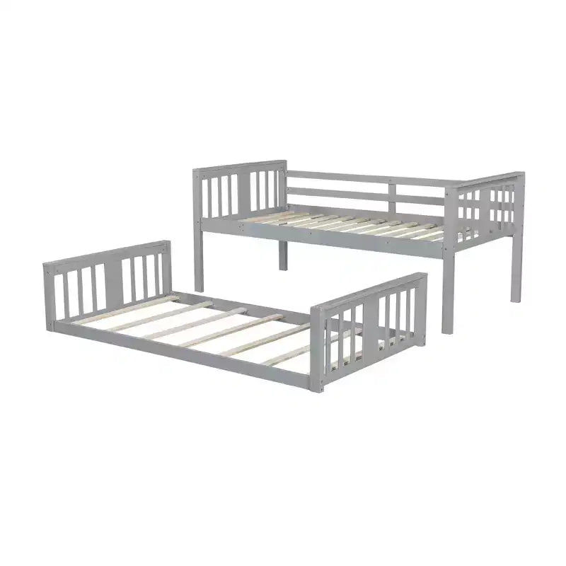 Lits superposés bas pour enfants avec garde-corps et têtes et pieds de lit, lits superposés bas pour garçons et filles, gris