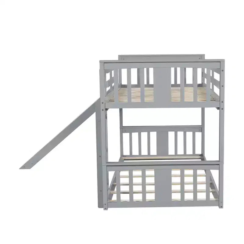 Lits superposés bas pour enfants avec garde-corps et têtes et pieds de lit, lits superposés bas pour garçons et filles, gris