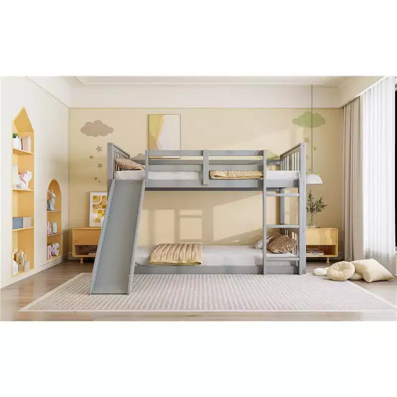 Lits superposés bas pour enfants avec garde-corps et têtes et pieds de lit, lits superposés bas pour garçons et filles, gris