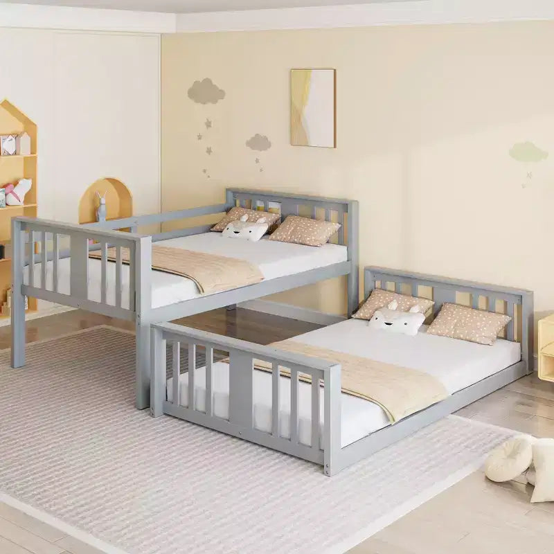 Lits superposés bas pour enfants avec garde-corps et têtes et pieds de lit, lits superposés bas pour garçons et filles, gris