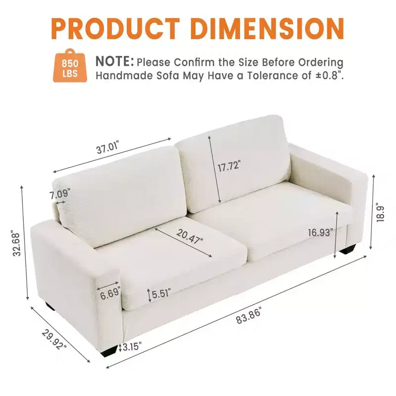 Canapé 3 places en velours côtelé de 84 po avec assise profonde, canapé rembourré moderne avec de larges accoudoirs pour salon, beige