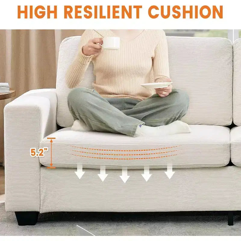 Canapé 3 places en velours côtelé de 84 po avec assise profonde, canapé rembourré moderne avec de larges accoudoirs pour salon, beige