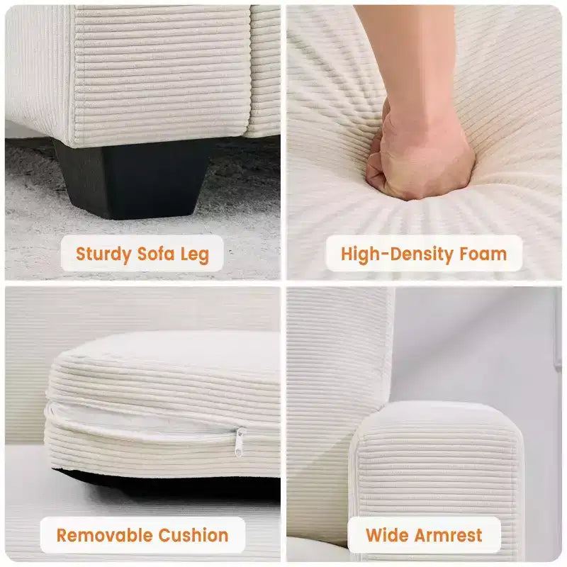 Canapé 3 places en velours côtelé de 84 po avec assise profonde, canapé rembourré moderne avec de larges accoudoirs pour salon, beige