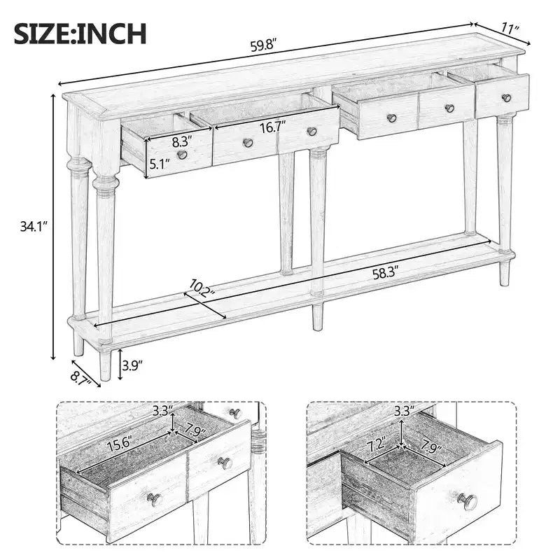 Console d'entrée rétro de 59,8 pouces avec 4 tiroirs, table console étroite avec étagères ouvertes, table de couloir pour salon, foyer, expresso