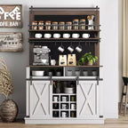 Buffet de Cuisine Haut de 75 po, Grand Rangement pour Cuisines, Armoires de Garde-Manger, Meuble de Bar à Café Blanc avec Porte Coulissante Style Grange