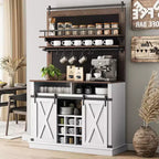 Buffet de Cuisine Haut de 75 po, Grand Rangement pour Cuisines, Armoires de Garde-Manger, Meuble de Bar à Café Blanc avec Porte Coulissante Style Grange