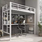 Lit mezzanine double avec grand bureau et étagères de rangement, lit mezzanine en métal avec garde-corps de sécurité et échelle pour enfants et adultes, peu encombrant