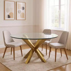 Table à manger ronde à piètement croisé en verre et métal doré, 54 pouces