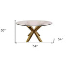 Table à manger ronde à piètement croisé en verre et métal doré, 54 pouces
