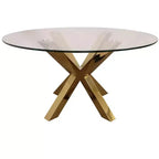 Table à manger ronde à piètement croisé en verre et métal doré, 54 pouces