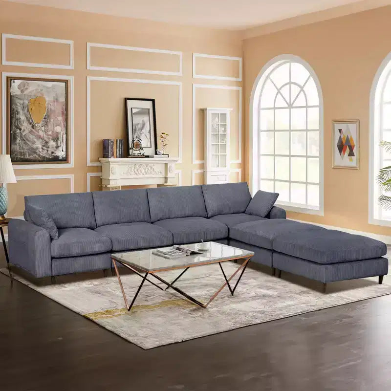 Canapé sectionnel modulaire moderne 6 places en velours côtelé, design convertible en U ou en L avec pouf et oreillers pour salon ou bureau, gris