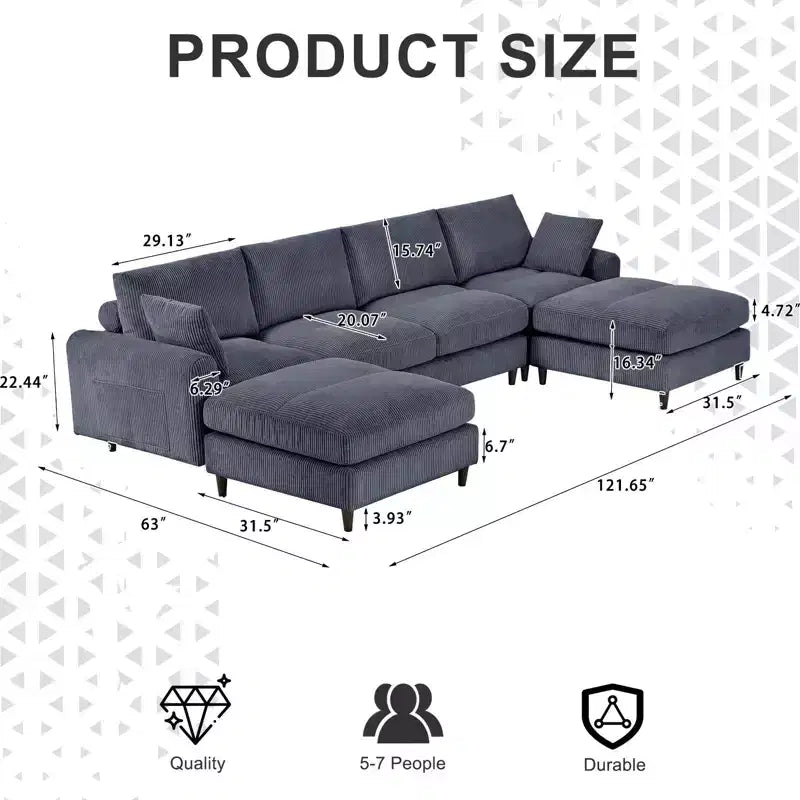 Canapé sectionnel modulaire moderne 6 places en velours côtelé, design convertible en U ou en L avec pouf et oreillers pour salon ou bureau, gris