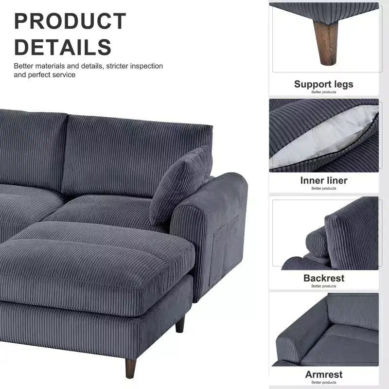 Canapé sectionnel modulaire moderne 6 places en velours côtelé, design convertible en U ou en L avec pouf et oreillers pour salon ou bureau, gris