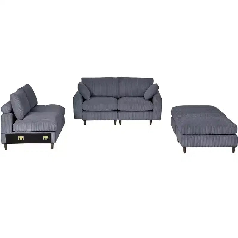 Canapé sectionnel modulaire moderne 6 places en velours côtelé, design convertible en U ou en L avec pouf et oreillers pour salon ou bureau, gris