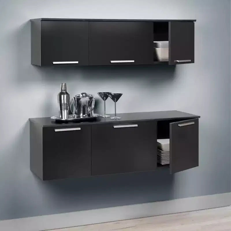 Huche murale noire : Rangement stratifié, Charnières à fermeture amortie, Poignées nickelées