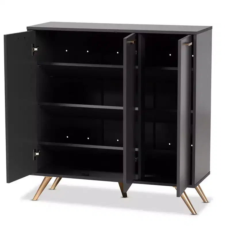 Meuble bas en bois 3 portes gris foncé/doré : Organisateur d'entrée avec 4 étagères