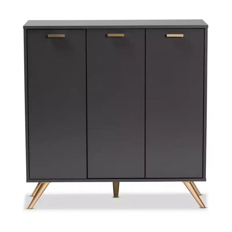 Meuble bas en bois 3 portes gris foncé/doré : Organisateur d'entrée avec 4 étagères