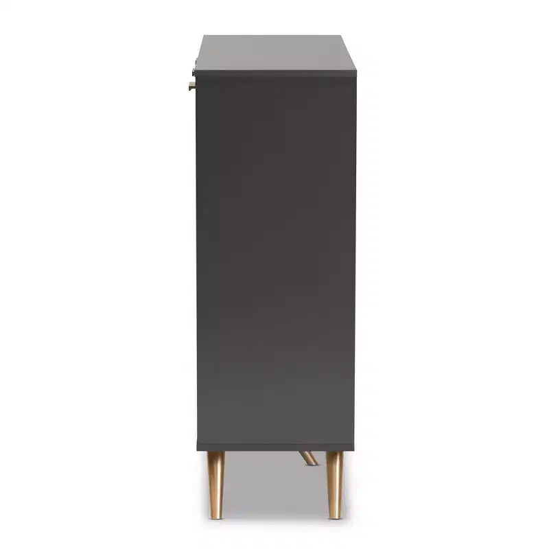 Meuble bas en bois 3 portes gris foncé/doré : Organisateur d'entrée avec 4 étagères