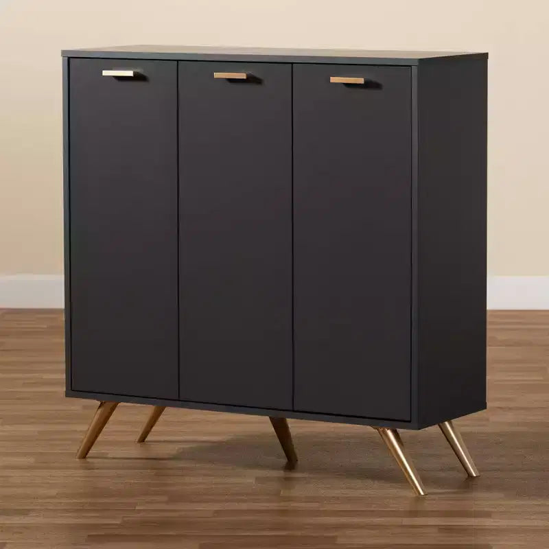 Meuble bas en bois 3 portes gris foncé/doré : Organisateur d'entrée avec 4 étagères
