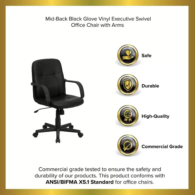 Chaise de bureau pivotante de direction à dossier mi-haut en vinyle noir avec accoudoirs