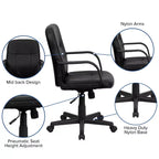 Chaise de bureau pivotante de direction à dossier mi-haut en vinyle noir avec accoudoirs