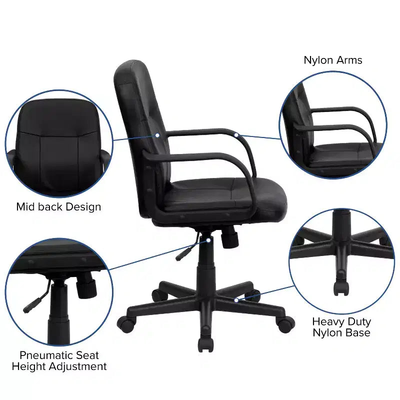 Chaise de bureau pivotante de direction à dossier mi-haut en vinyle noir avec accoudoirs