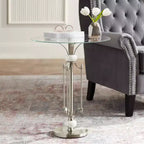 Table d'appoint ronde moderne en métal, 20 po de large, nickel brossé, plateau en verre transparent, accents en marbre pour salon, chambre, chevet, entrée