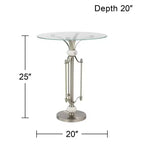 Table d'appoint ronde moderne en métal, 20 po de large, nickel brossé, plateau en verre transparent, accents en marbre pour salon, chambre, chevet, entrée