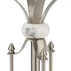 Table d'appoint ronde moderne en métal, 20 po de large, nickel brossé, plateau en verre transparent, accents en marbre pour salon, chambre, chevet, entrée