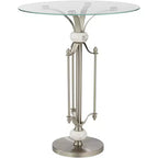 Table d'appoint ronde moderne en métal, 20 po de large, nickel brossé, plateau en verre transparent, accents en marbre pour salon, chambre, chevet, entrée