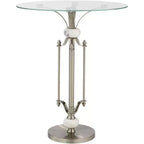Table d'appoint ronde moderne en métal, 20 po de large, nickel brossé, plateau en verre transparent, accents en marbre pour salon, chambre, chevet, entrée