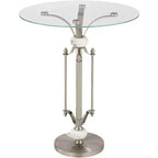 Table d'appoint ronde moderne en métal, 20 po de large, nickel brossé, plateau en verre transparent, accents en marbre pour salon, chambre, chevet, entrée
