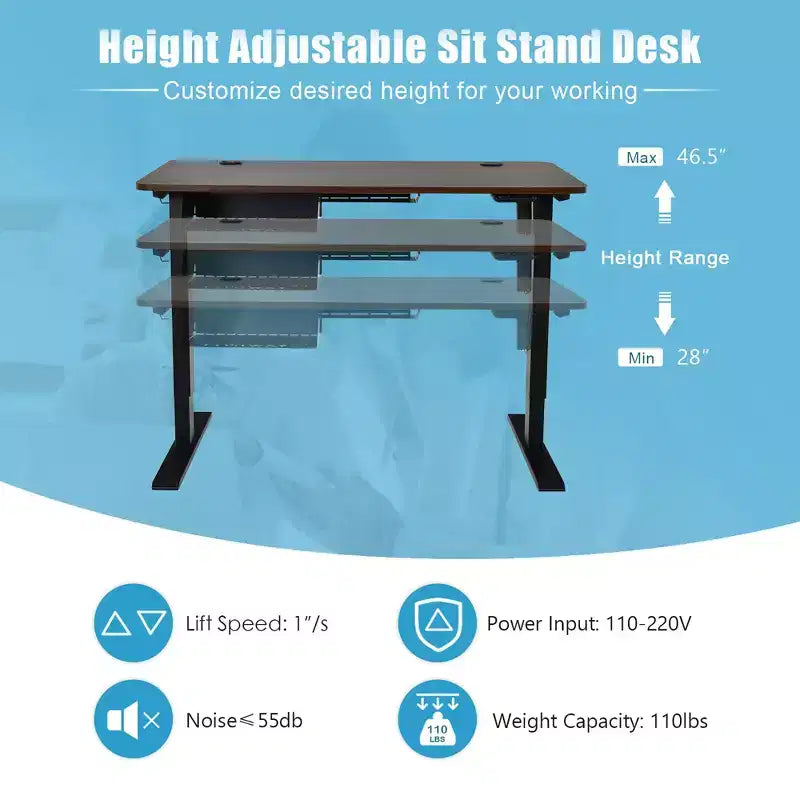 Bureau debout électrique de 122 cm réglable en hauteur avec panneau de contrôle et port USB Rustique/Noyer