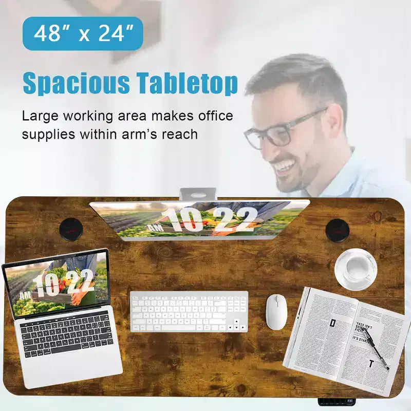 Bureau debout électrique de 122 cm réglable en hauteur avec panneau de contrôle et port USB Rustique/Noyer