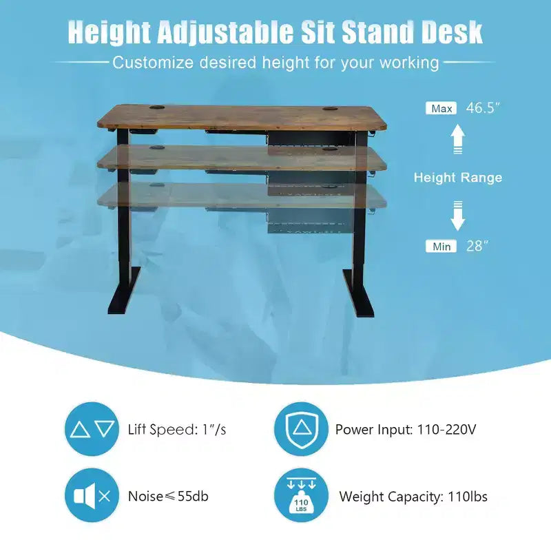 Bureau debout électrique de 122 cm réglable en hauteur avec panneau de contrôle et port USB Rustique/Noyer