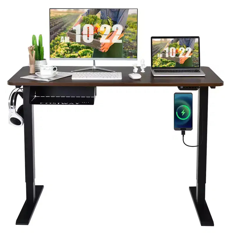 Bureau debout électrique de 122 cm réglable en hauteur avec panneau de contrôle et port USB Rustique/Noyer
